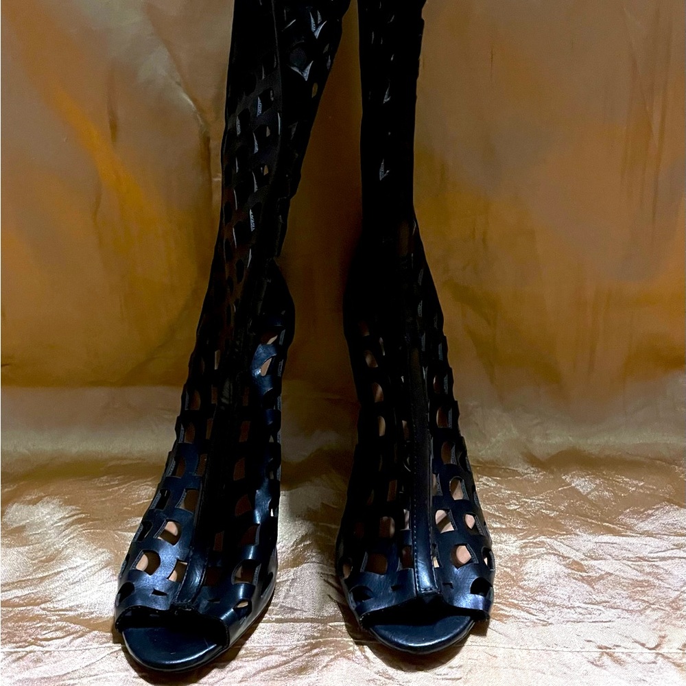 Ladies couture zippered calf length peep toe boot